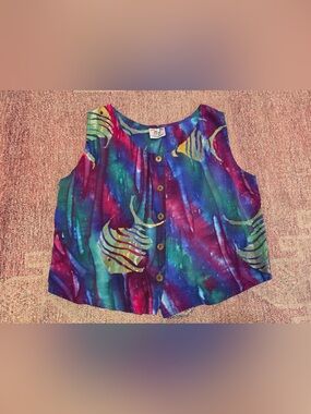 Young fashion batik tie dye button down tank top blouse rayon med
